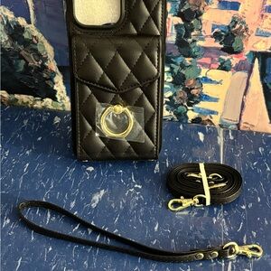 Black Quilted iPhone 16 Pro max wallet Case with Strap